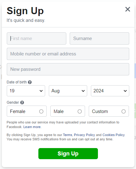 facebook signup
